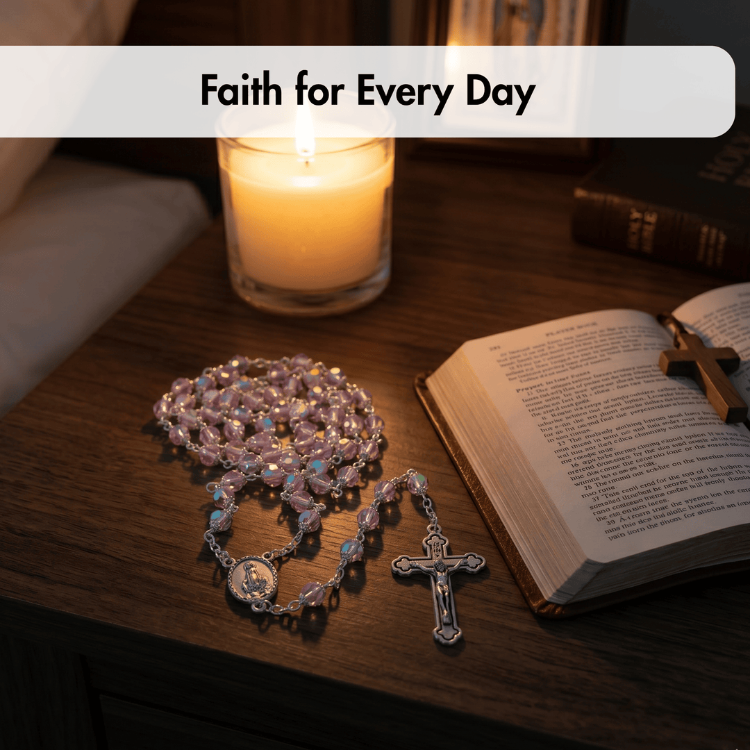 Open book with a cross, rosary, and lit candle on a wooden surface, labeled 'Faith for Every Day'.