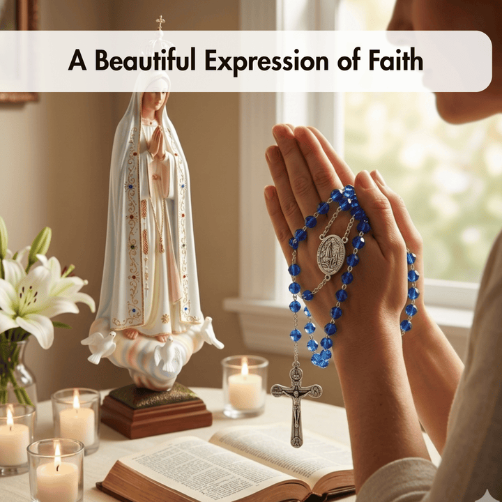 Person holding a blue rosary with a statue of a religious figure and candles in the background.