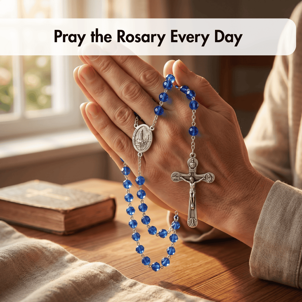 Hand holding a blue rosary with a cross and medal, placed on a wooden surface with a book in the background.