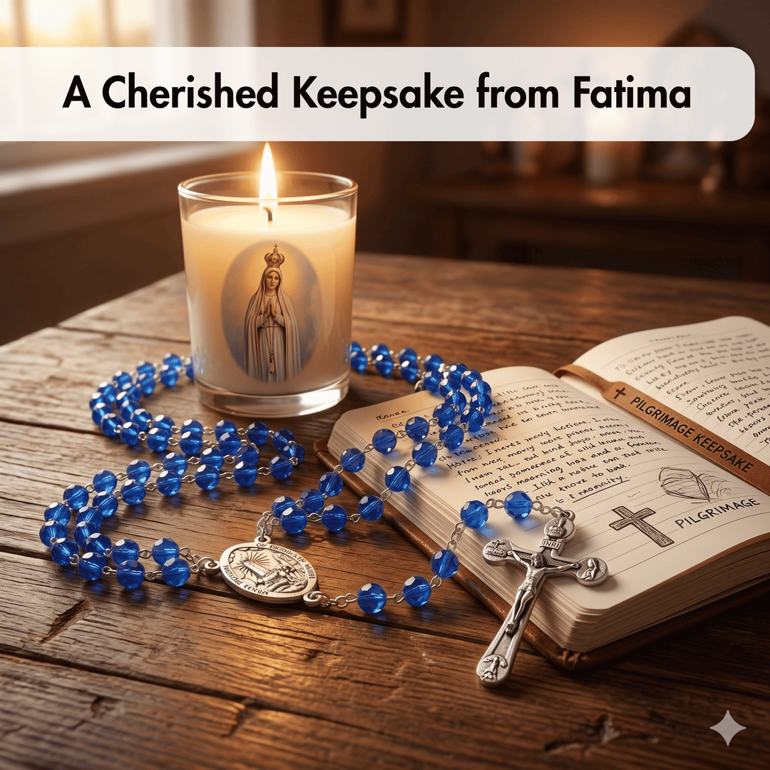 Blue rosary, lit candle with Virgin Mary image, and open book on wooden surface