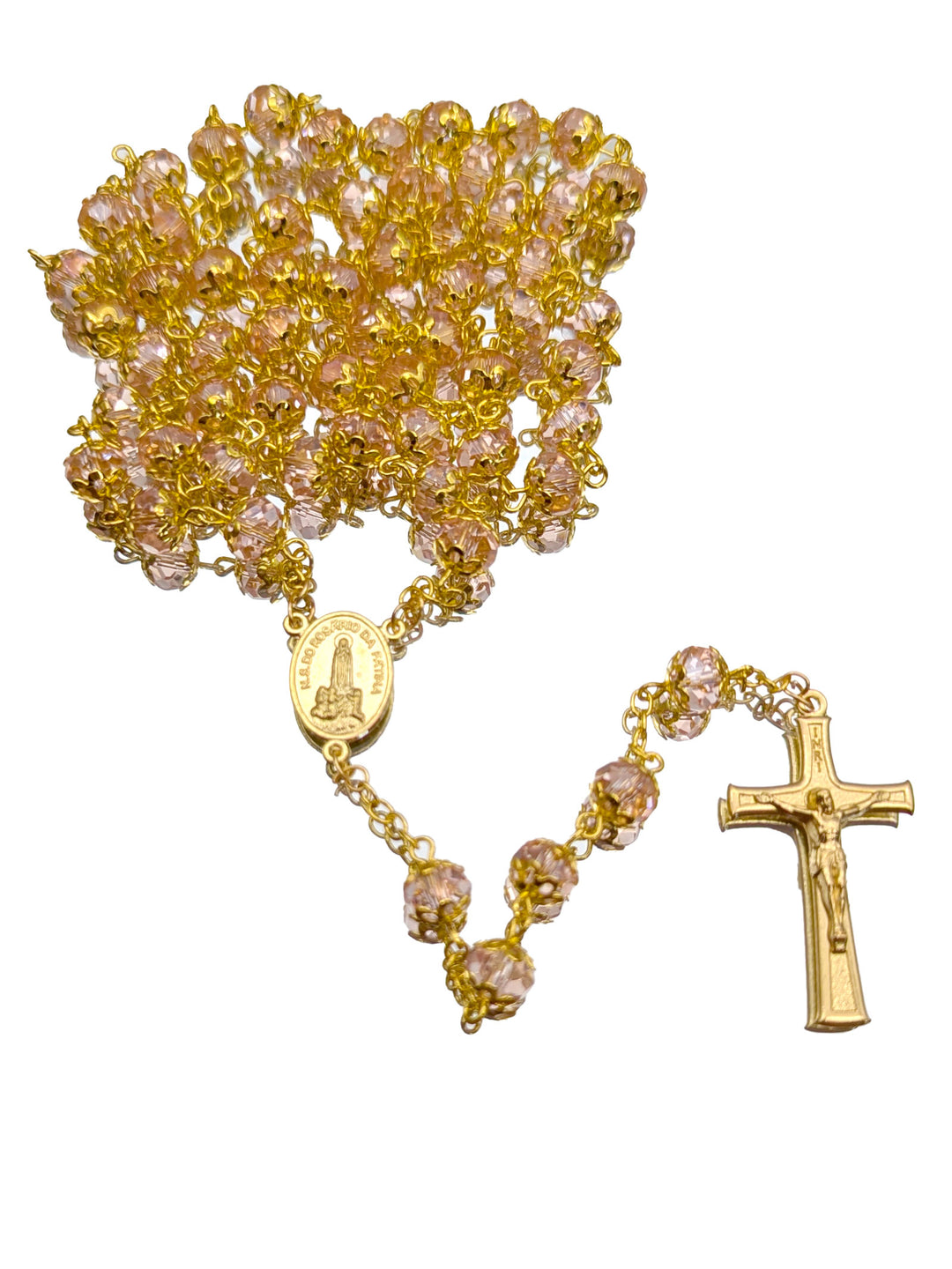 Handmade 7mm Pink Crystal Beads Our Lady of Fatima Golden Rosary