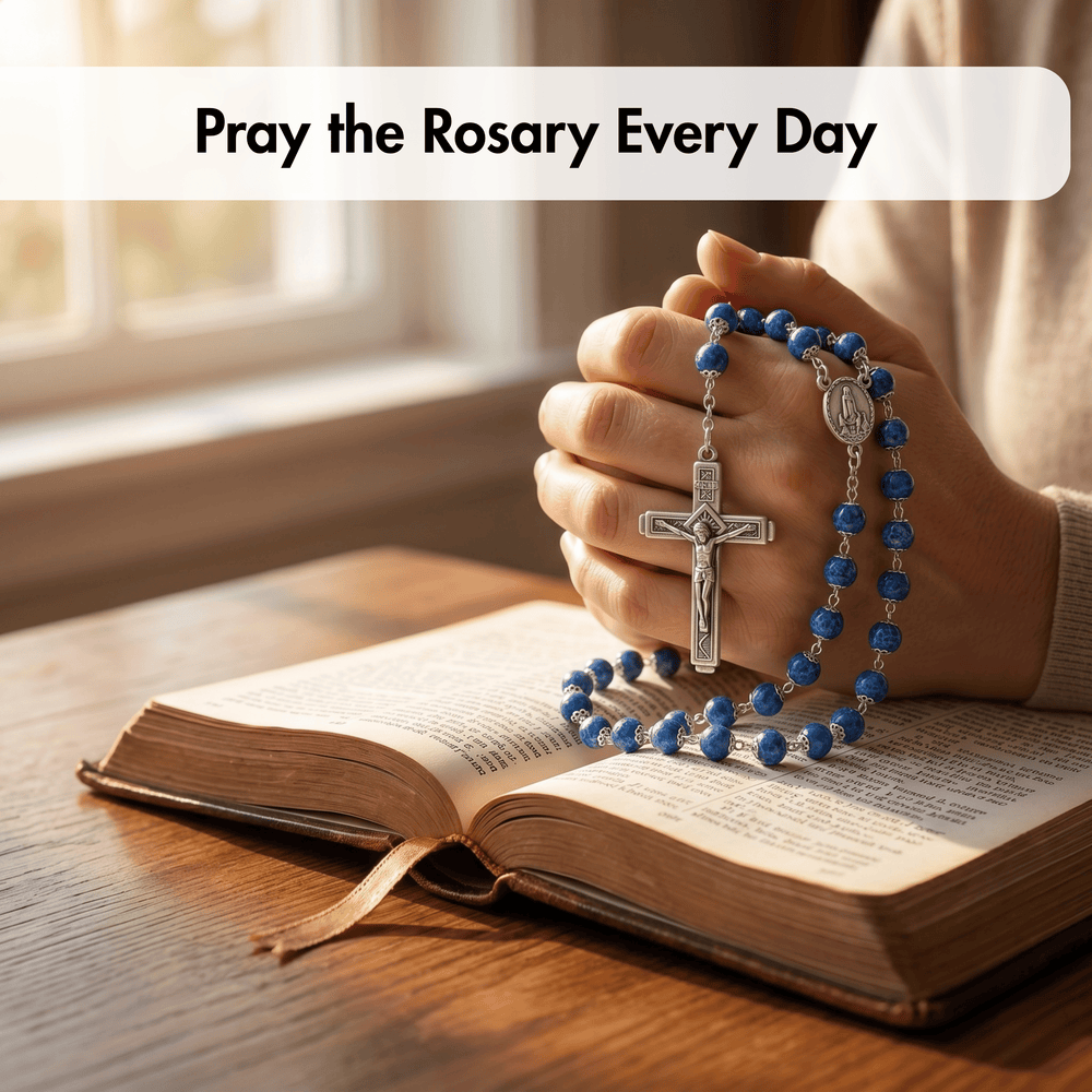 Hand holding a rosary over an open book with text 'Pray the Rosary Every Day' on a wooden surface.
