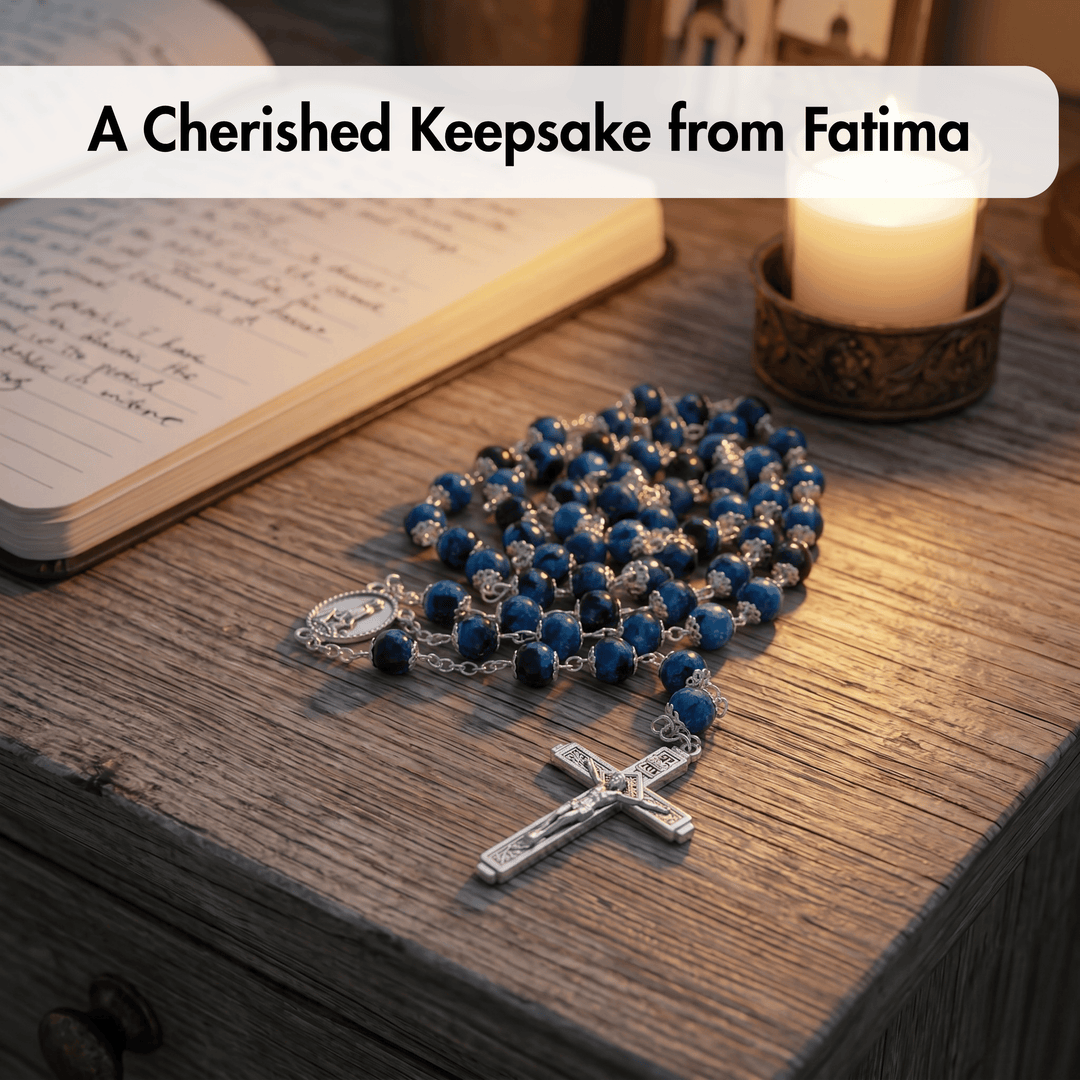 Blue rosary on a wooden surface with an open book and candle in the background