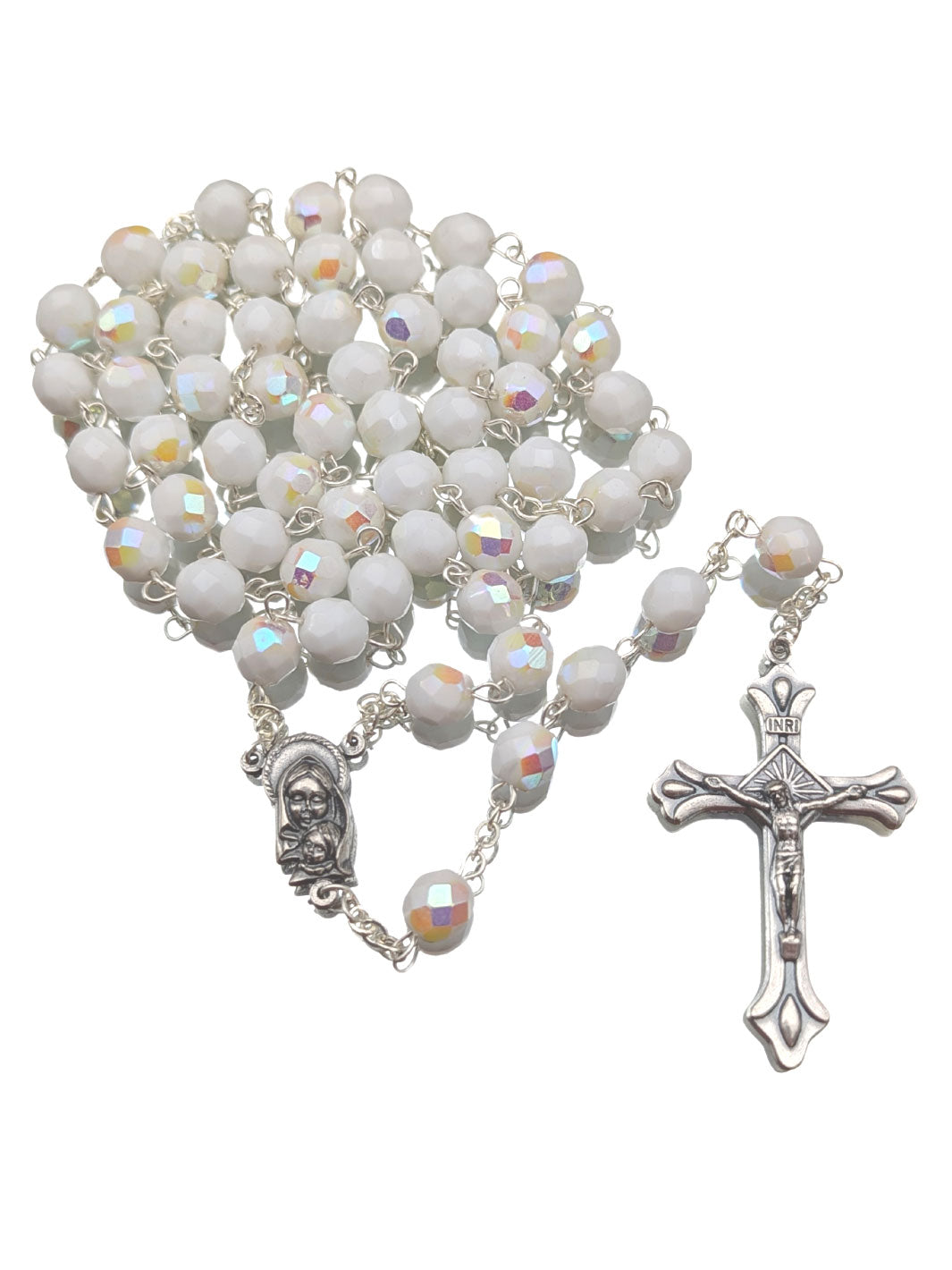 Handmade 8mm Faceted White Crystal Beads Our Lady of Fatima Rosary