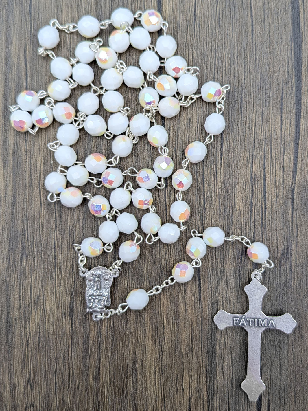 Handmade 8mm Faceted White Crystal Beads Our Lady of Fatima Rosary