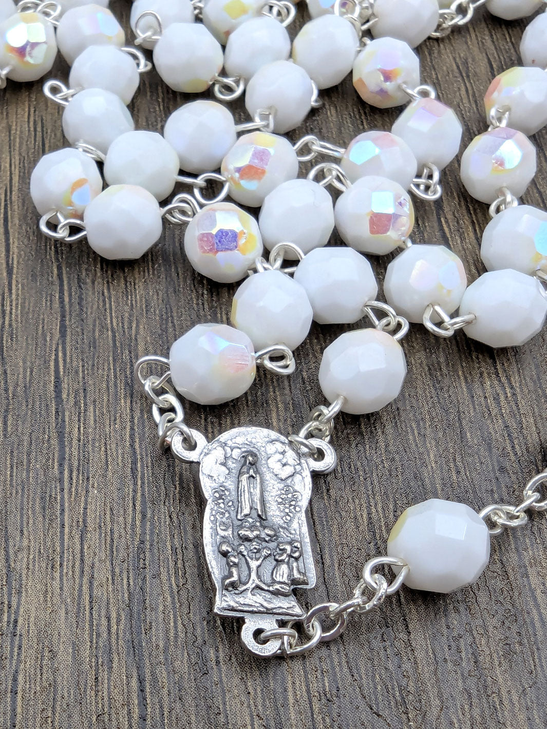 Handmade 8mm Faceted White Crystal Beads Our Lady of Fatima Rosary