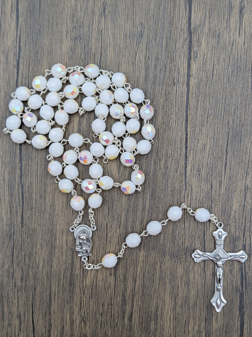 Handmade 8mm Faceted White Crystal Beads Our Lady of Fatima Rosary