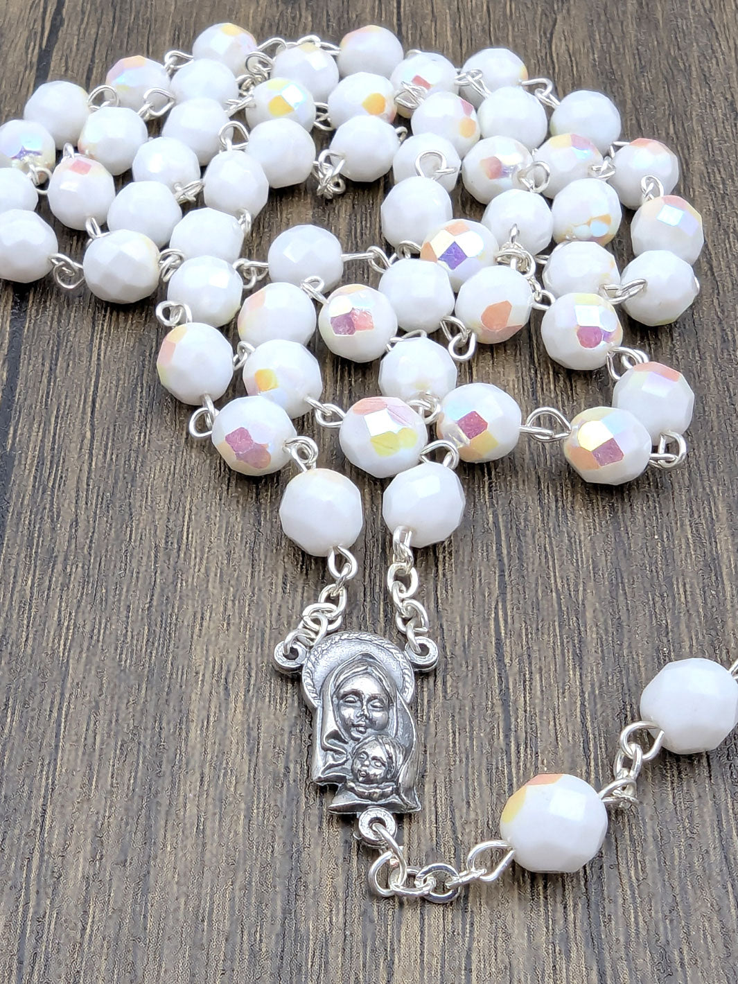 Handmade 8mm Faceted White Crystal Beads Our Lady of Fatima Rosary