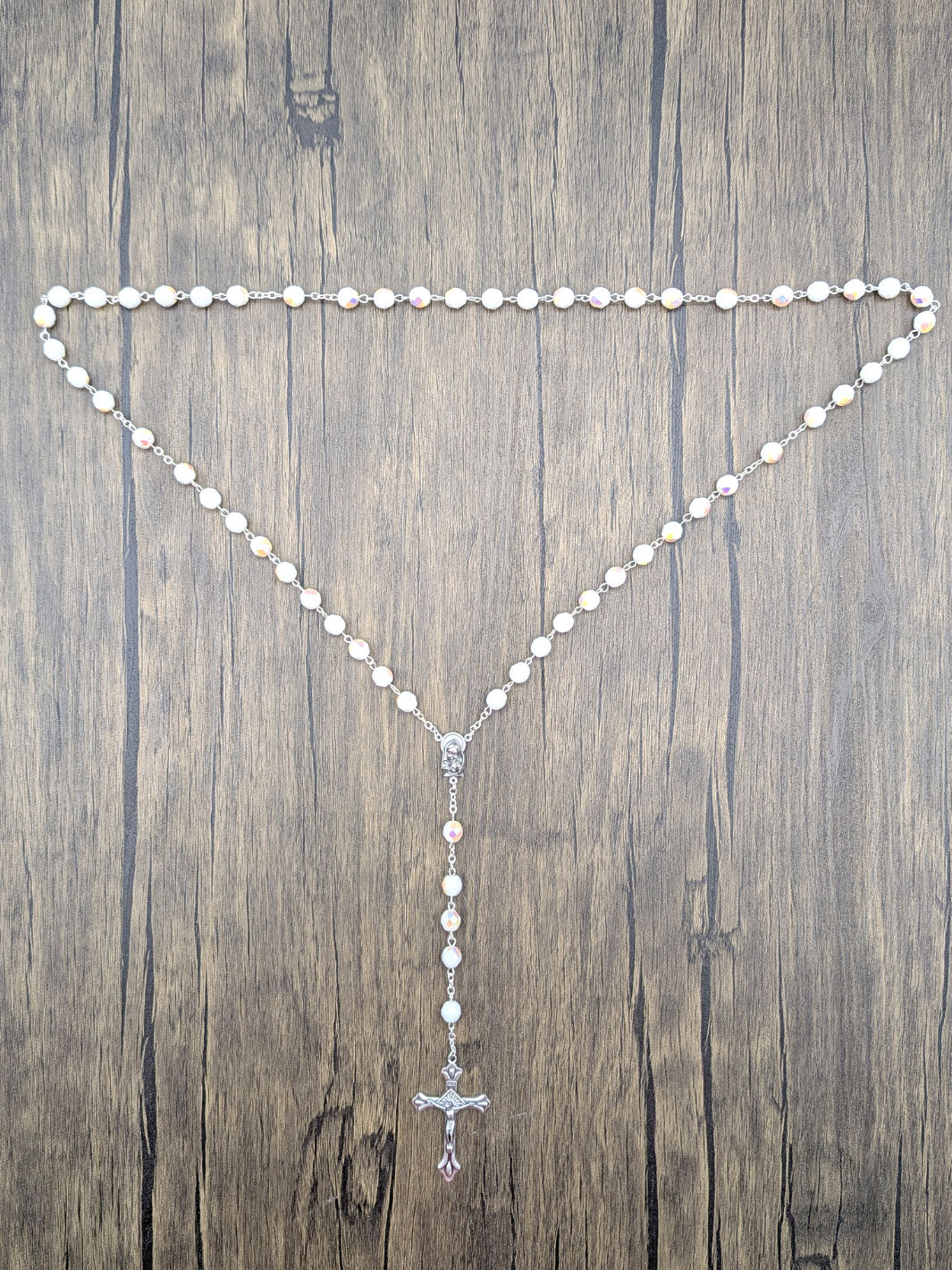 Handmade 8mm Faceted White Crystal Beads Our Lady of Fatima Rosary