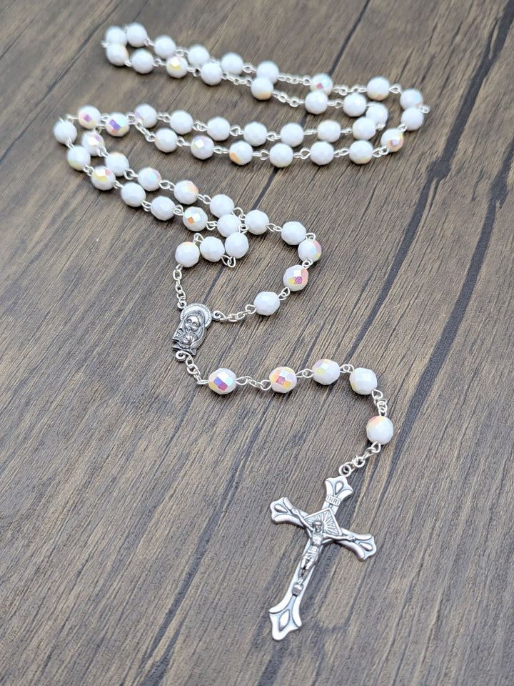 Handmade 8mm Faceted White Crystal Beads Our Lady of Fatima Rosary