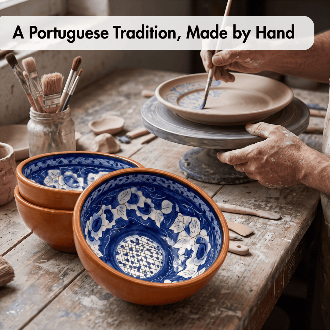 Handmade Hand Painted Portuguese Pottery Soup Bowls Blue – Set of 2