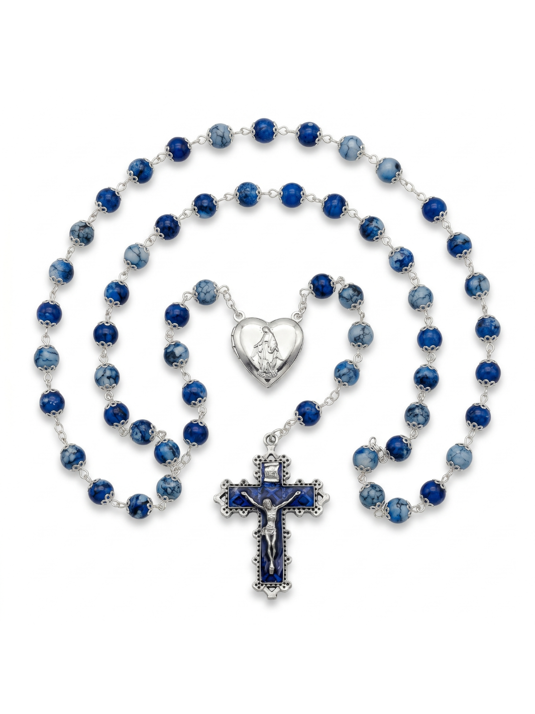 Blue rosary with a cross and heart pendant on a white background