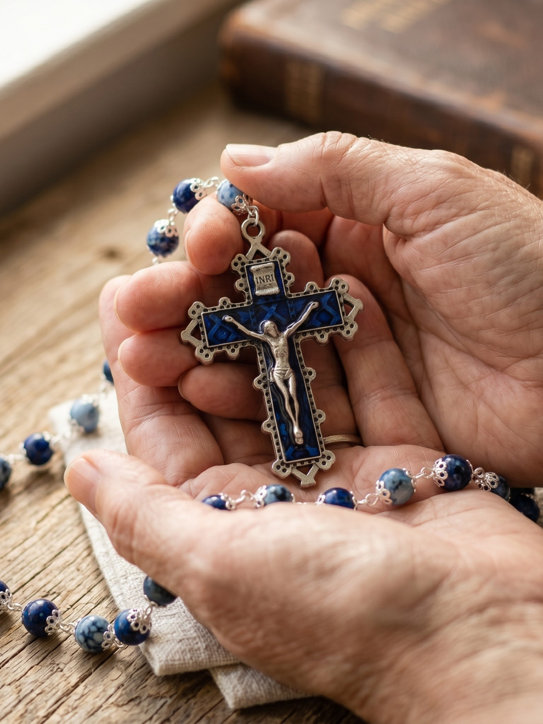 Hand holding a rosary with a cross and blue beads on a wooden surface