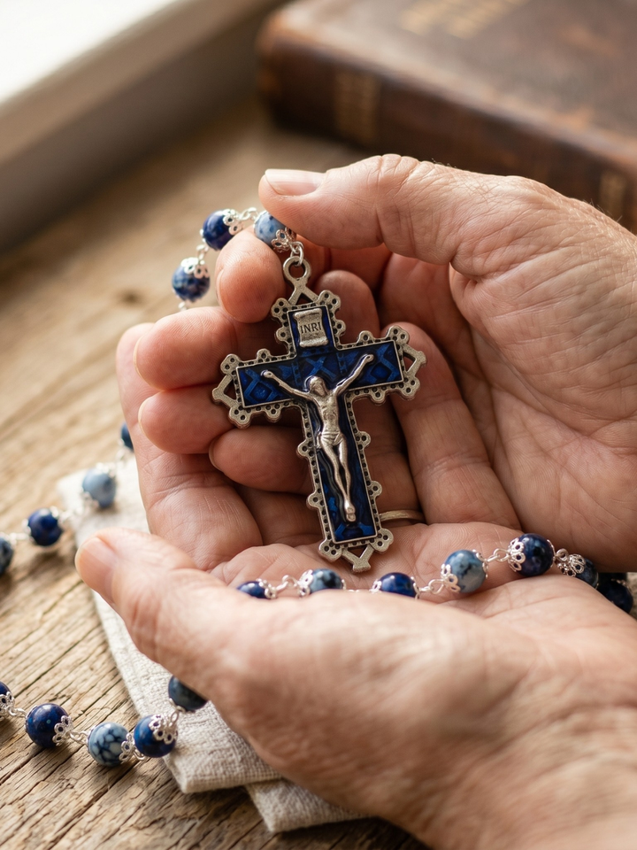 Hand holding a rosary with a cross and blue beads on a wooden surface
