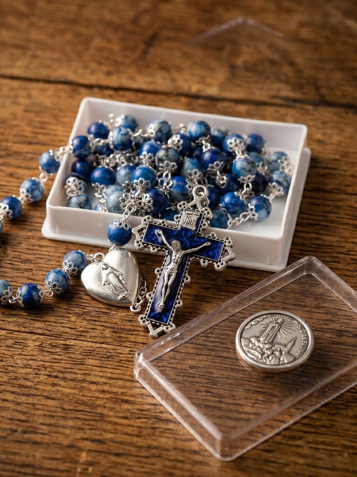 Blue rosary with silver crucifix and heart charm on a wooden surface.