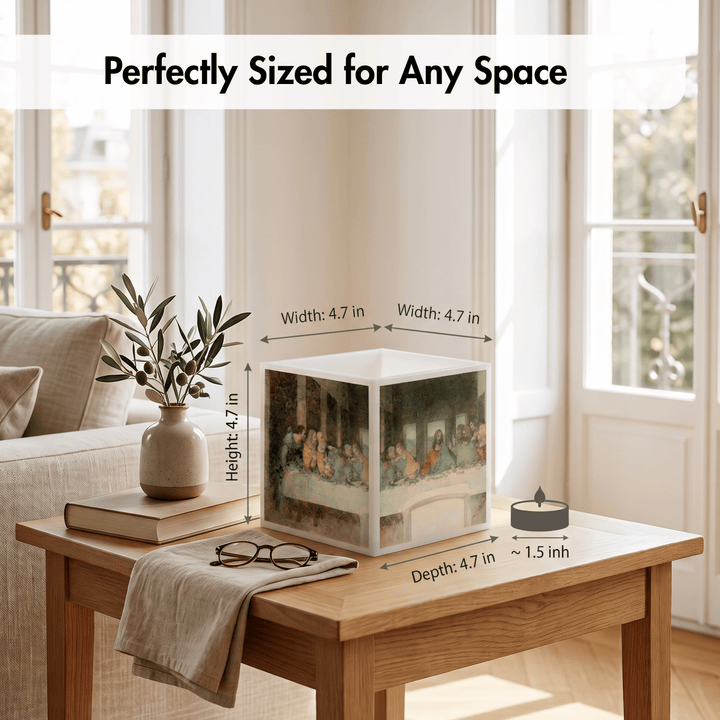 A square wall-mounted light box featuring a printed scene of Jesus and the disciples, styled on a wooden table in a bright living room. White text at the top reads &