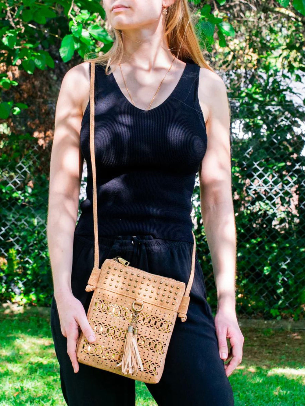 Handmade Natural Cork with Golden Accents - Women's Cork Crossbody Bag
