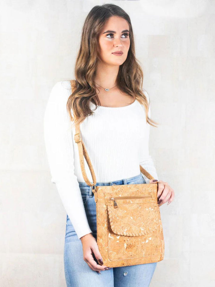 Handmade Natural Portuguese Cork Crossbody Bag with Golden Accents