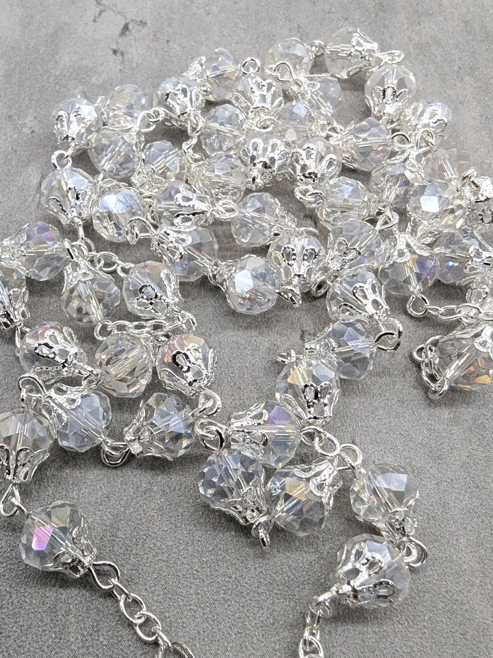 Handmade Our Lady of Fatima Rosary with 7mm Clear Crystal Beads