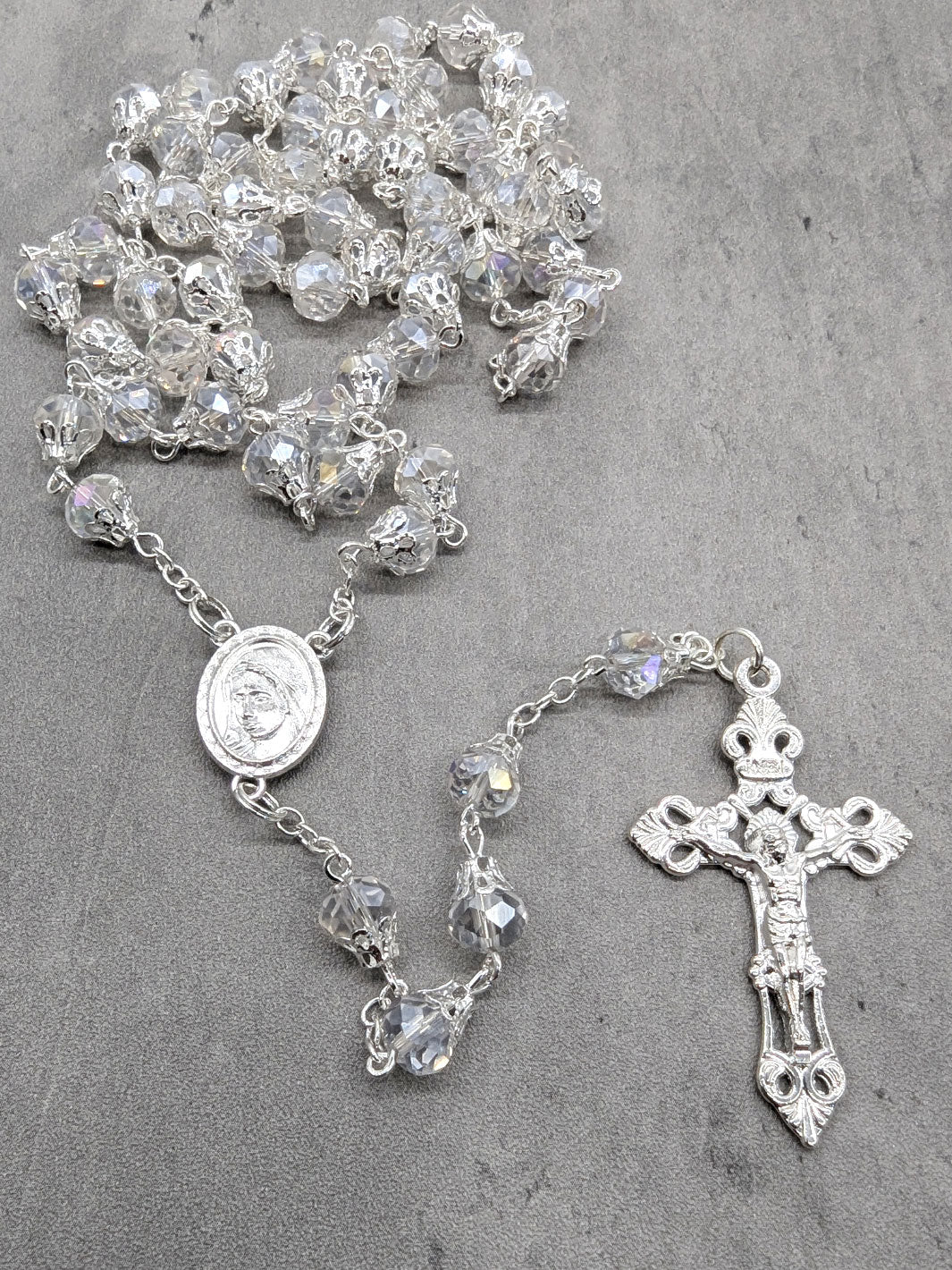 Handmade Our Lady of Fatima Rosary with 7mm Clear Crystal Beads