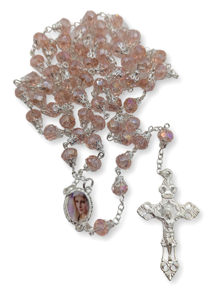 Handmade Our Lady of Fatima Rosary with 7mm Pink Crystal Beads