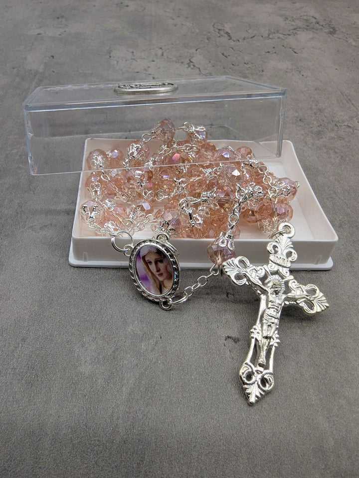 Handmade Our Lady of Fatima Rosary with 7mm Pink Crystal Beads