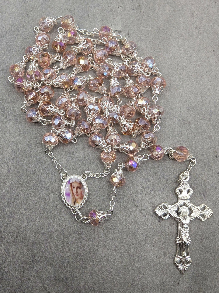 Handmade Our Lady of Fatima Rosary with 7mm Pink Crystal Beads