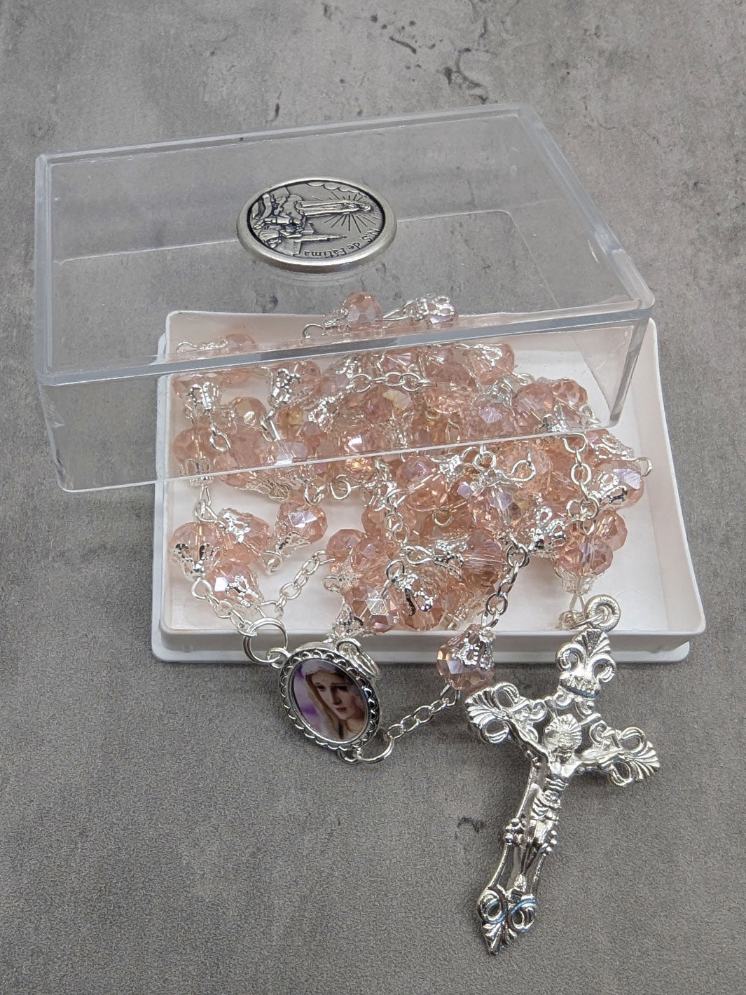 Handmade Our Lady of Fatima Rosary with 7mm Pink Crystal Beads