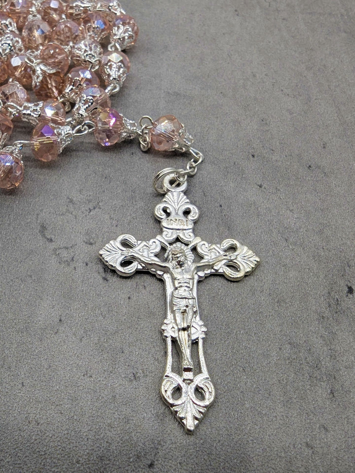 Handmade Our Lady of Fatima Rosary with 7mm Pink Crystal Beads