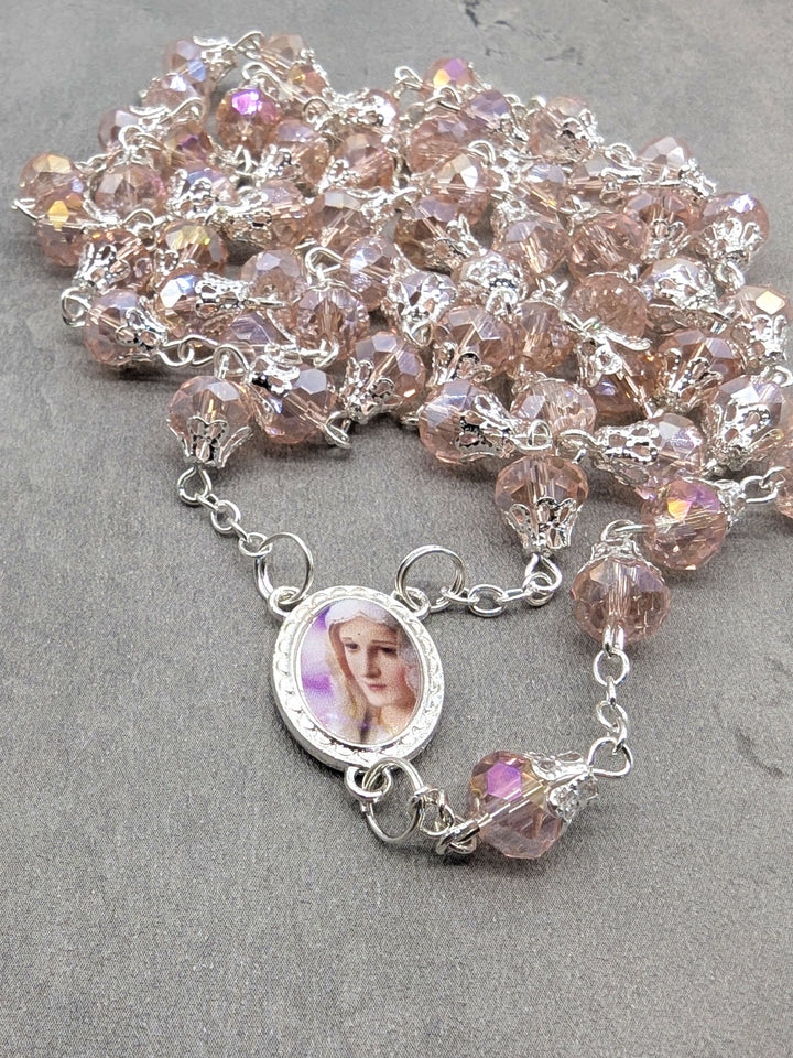 Handmade Our Lady of Fatima Rosary with 7mm Pink Crystal Beads