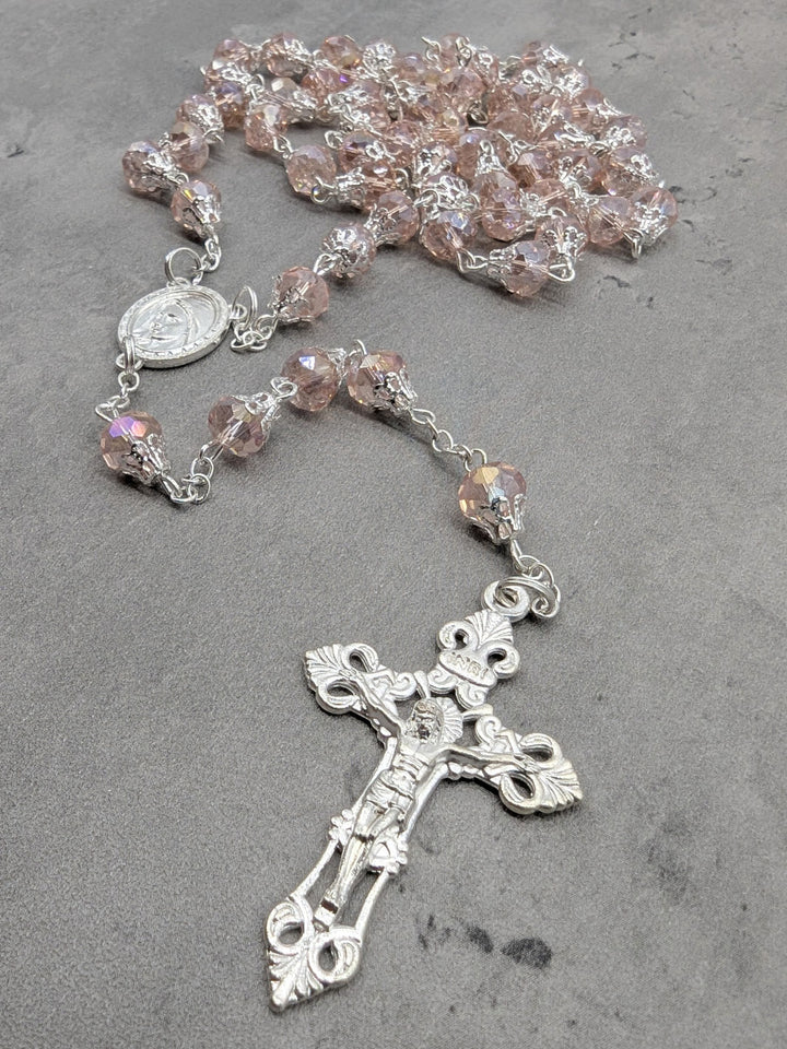 Handmade Our Lady of Fatima Rosary with 7mm Pink Crystal Beads