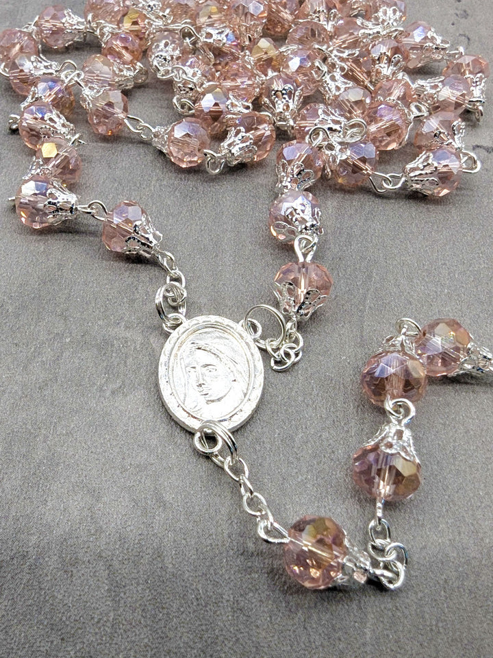 Handmade Our Lady of Fatima Rosary with 7mm Pink Crystal Beads