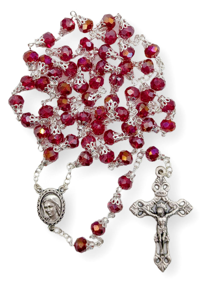 Handmade Our Lady of Fatima Rosary with 7mm Red Crystal Beads