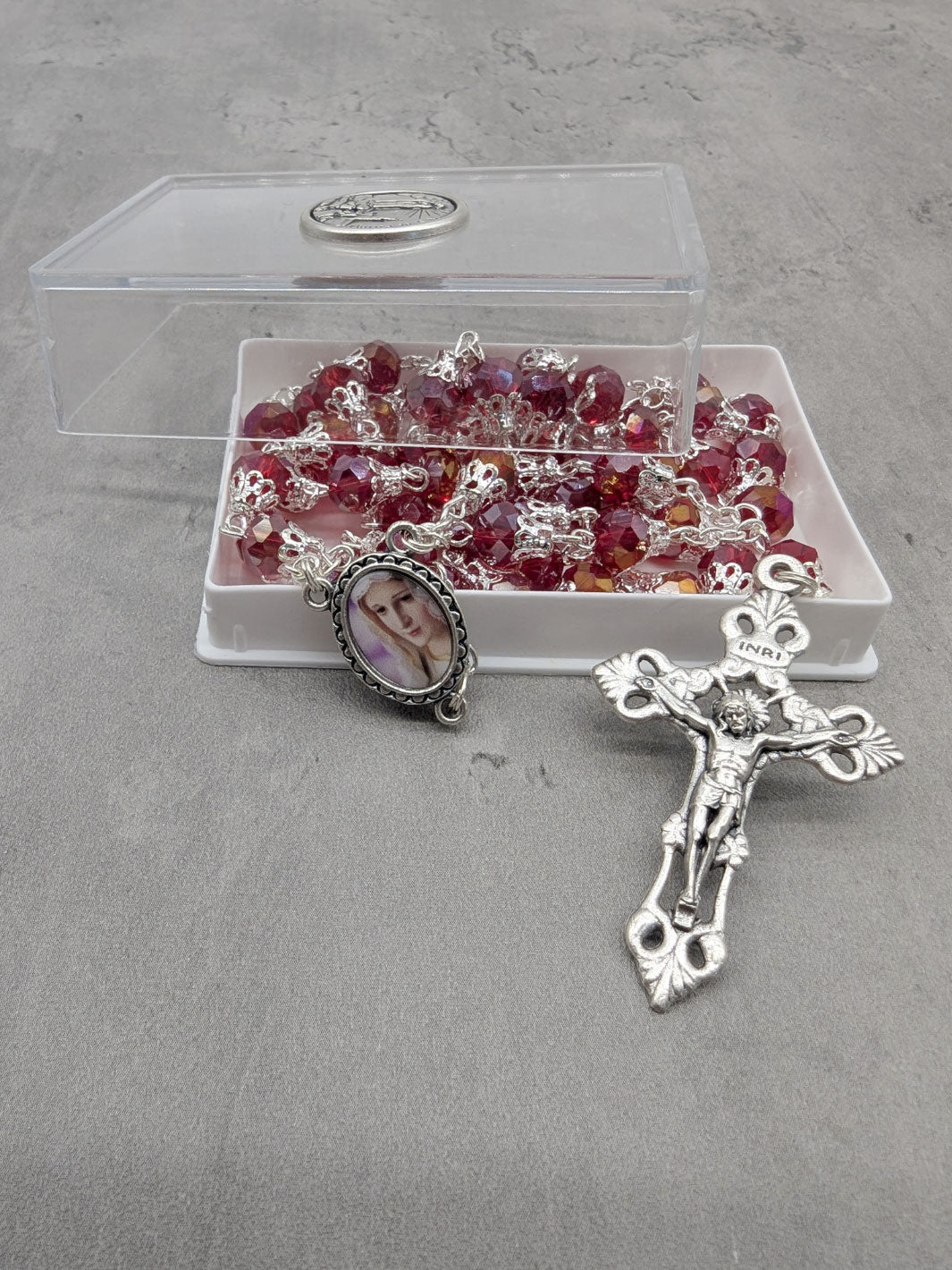 Handmade Our Lady of Fatima Rosary with 7mm Red Crystal Beads