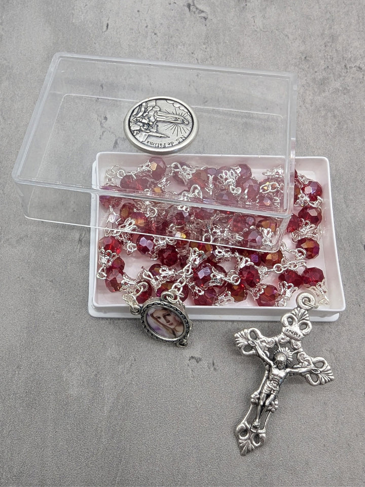 Handmade Our Lady of Fatima Rosary with 7mm Red Crystal Beads