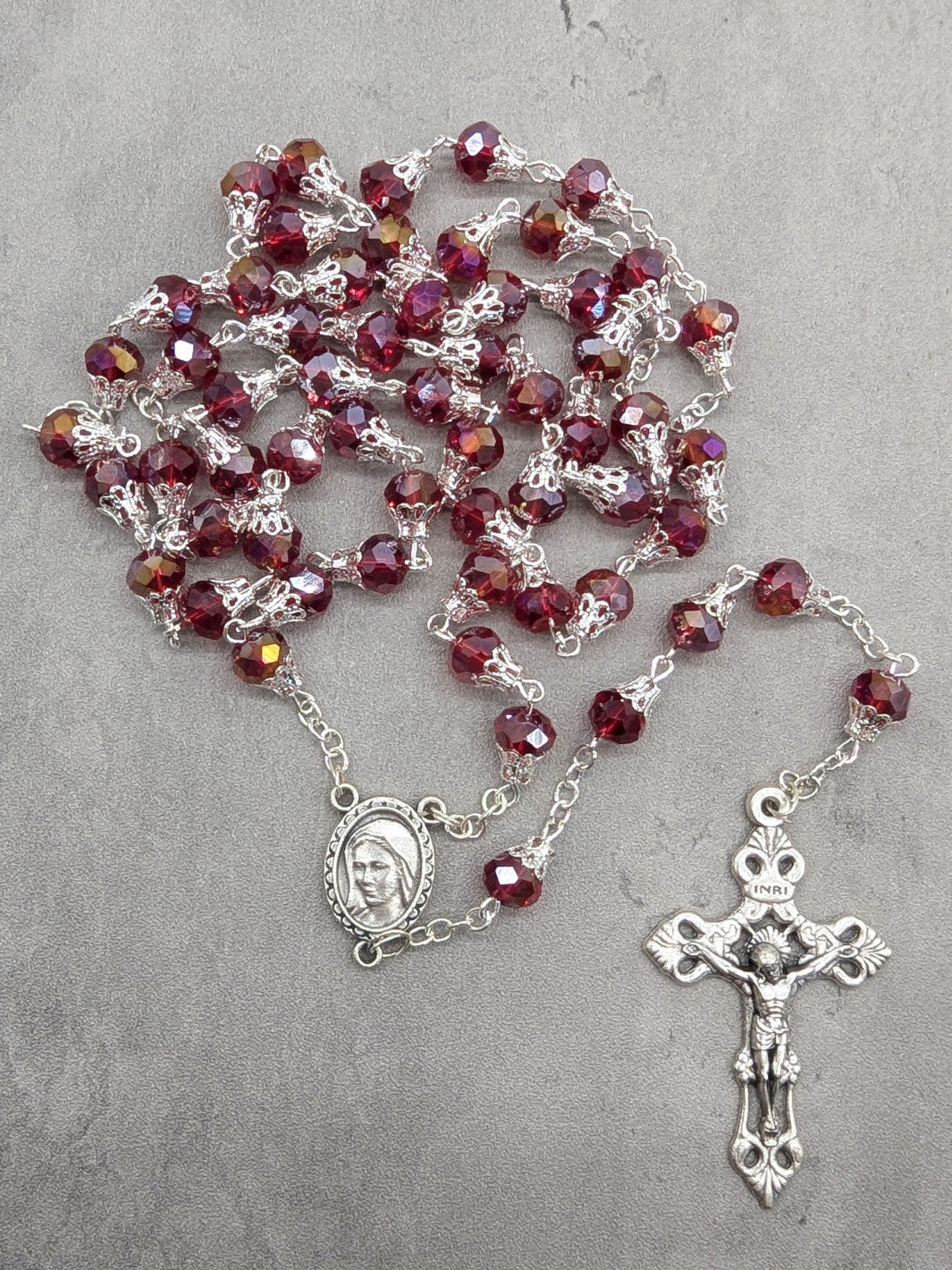 Handmade Our Lady of Fatima Rosary with 7mm Red Crystal Beads