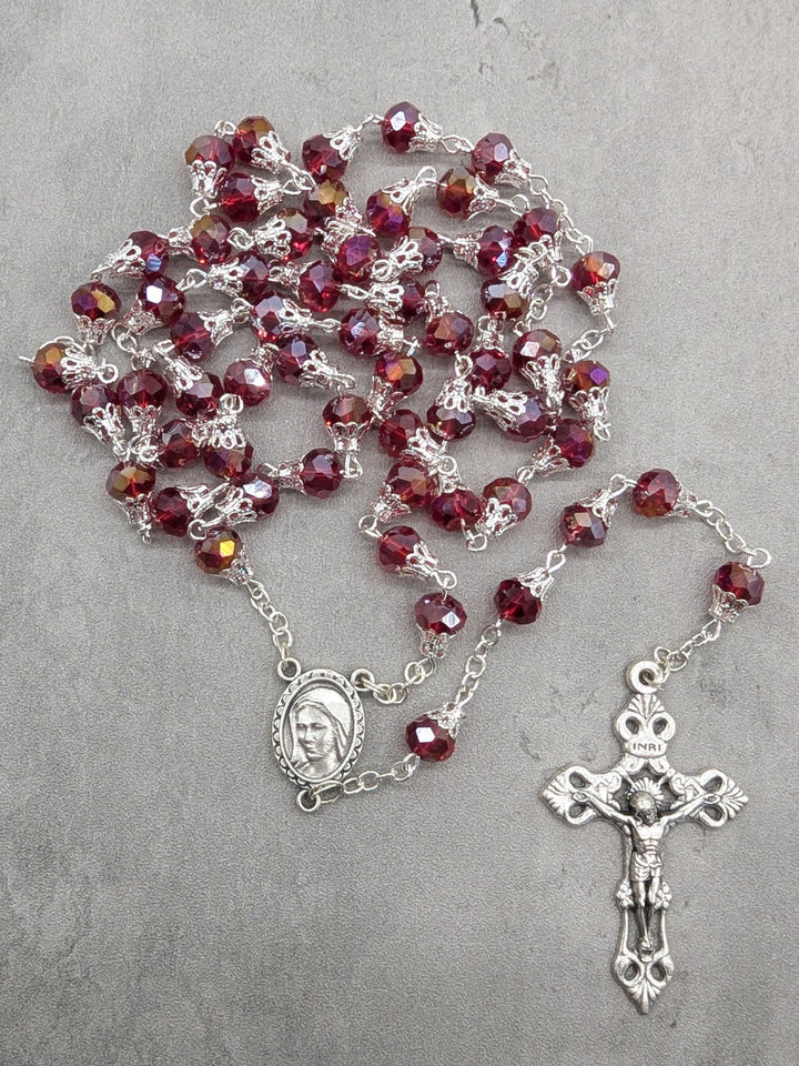 Handmade Our Lady of Fatima Rosary with 7mm Red Crystal Beads