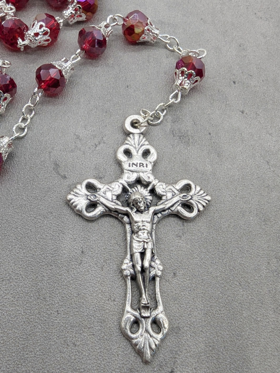 Handmade Our Lady of Fatima Rosary with 7mm Red Crystal Beads