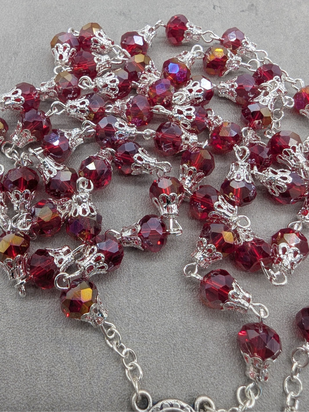 Handmade Our Lady of Fatima Rosary with 7mm Red Crystal Beads