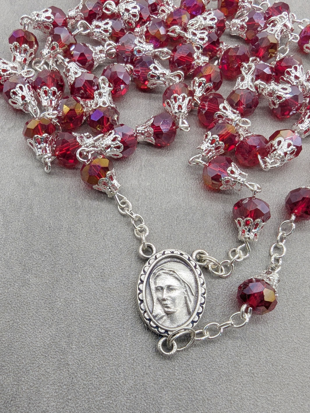 Handmade Our Lady of Fatima Rosary with 7mm Red Crystal Beads