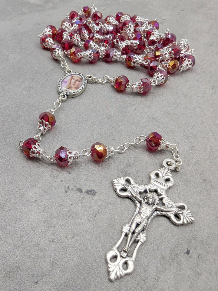 Handmade Our Lady of Fatima Rosary with 7mm Red Crystal Beads