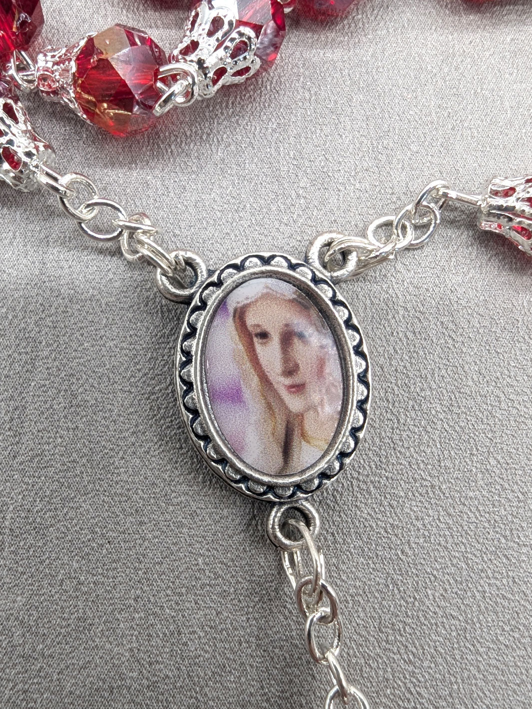 Handmade Our Lady of Fatima Rosary with 7mm Red Crystal Beads