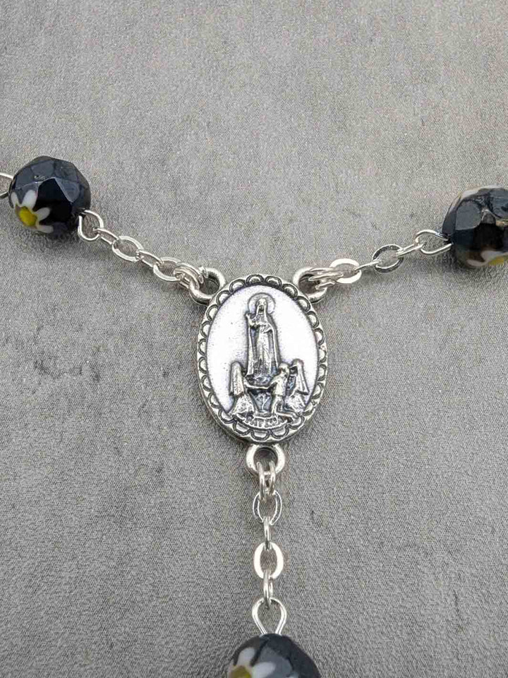 Handmade Our Lady of Fatima Rosary with Black Murano Crystal Beads