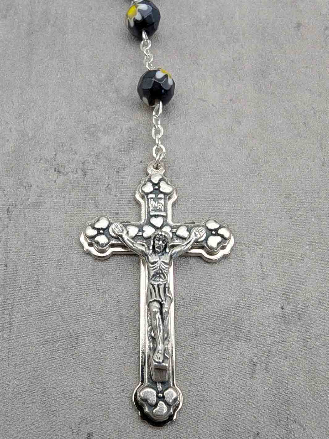 Handmade Our Lady of Fatima Rosary with Black Murano Crystal Beads