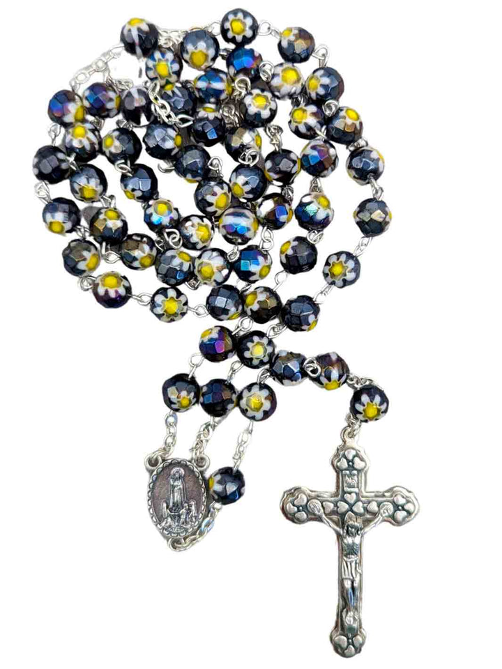 Handmade Our Lady of Fatima Rosary with Black Murano Crystal Beads