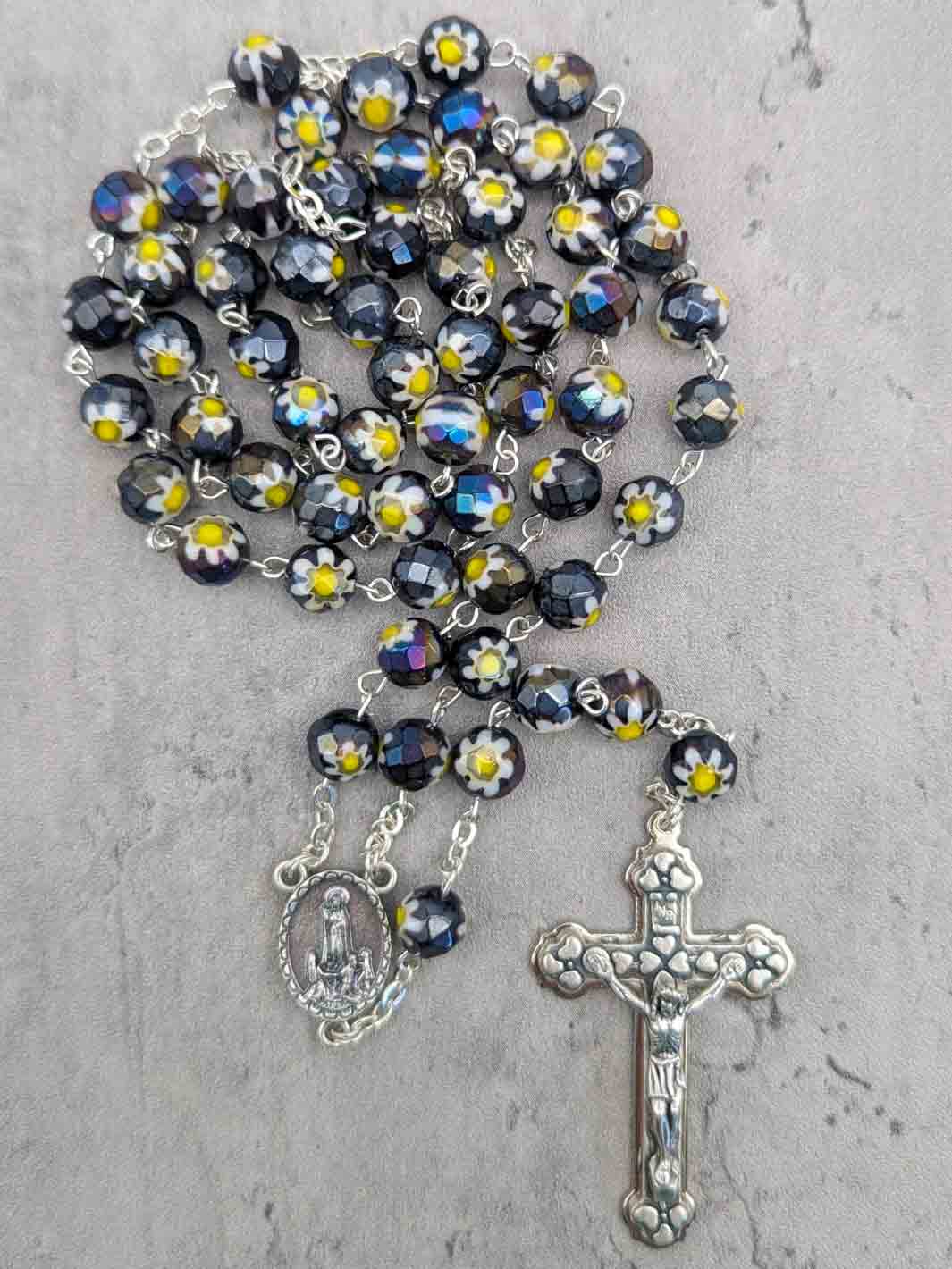 Handmade Our Lady of Fatima Rosary with Black Murano Crystal Beads