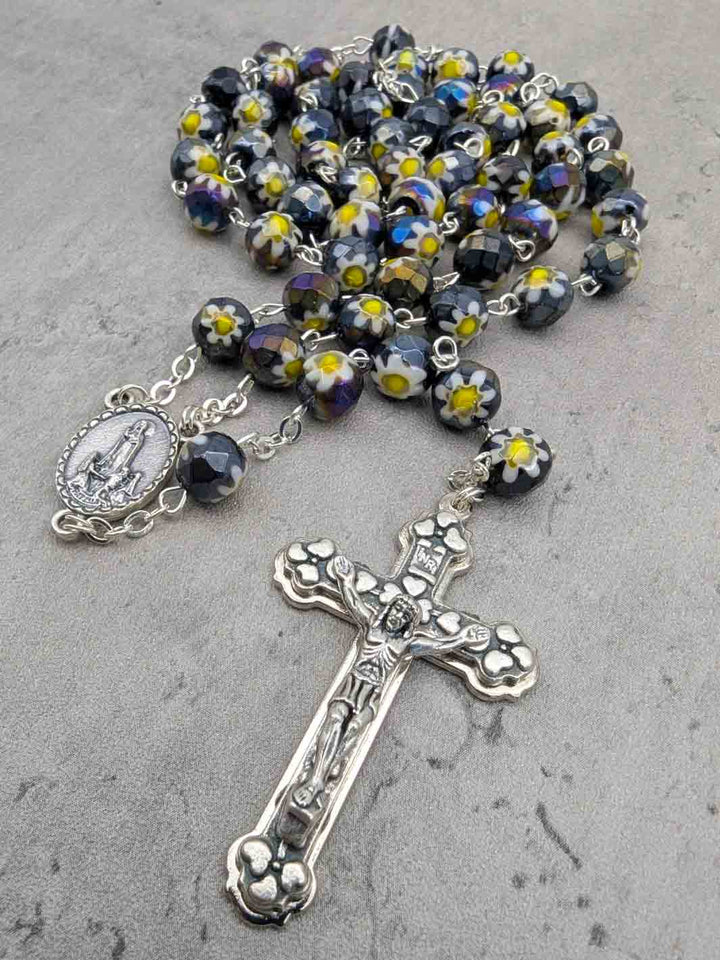 Handmade Our Lady of Fatima Rosary with Black Murano Crystal Beads