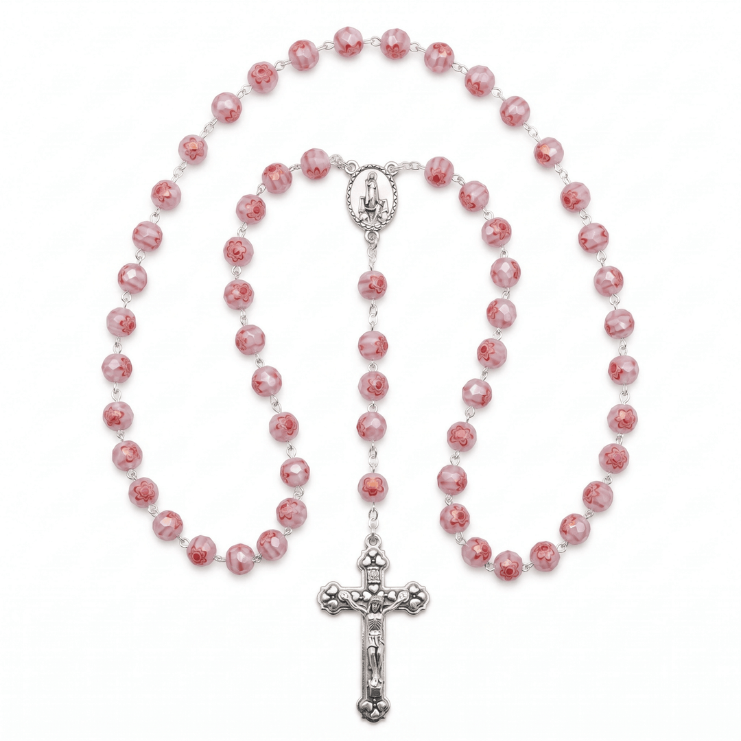 Handmade Our Lady of Fatima Rosary with Murano Crystal Beads Pink