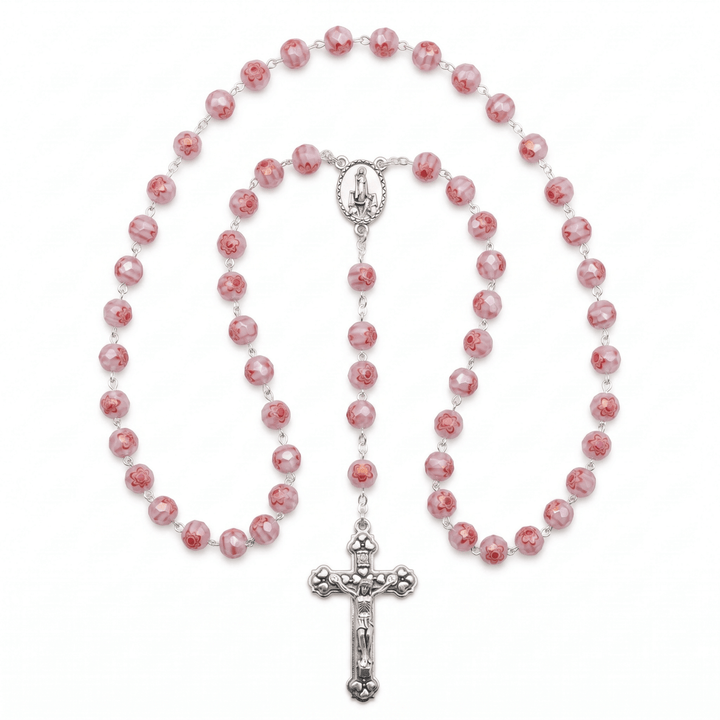 Handmade Our Lady of Fatima Rosary with Murano Crystal Beads Pink