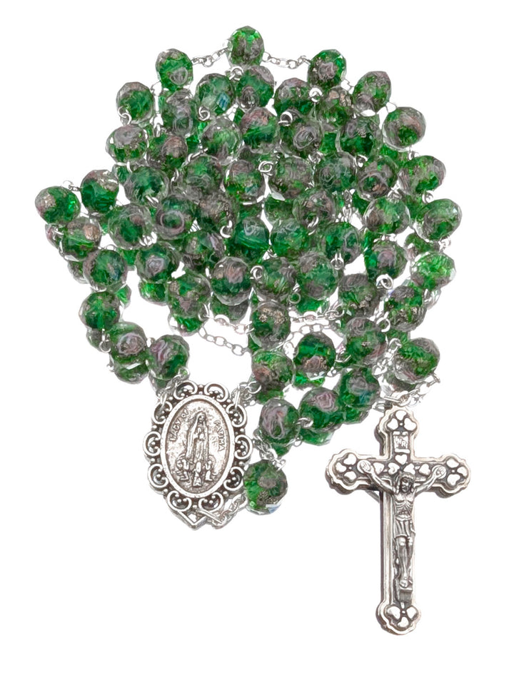 Handmade Our Lady of Fatima Rosary with Murano Glass Beads - Green